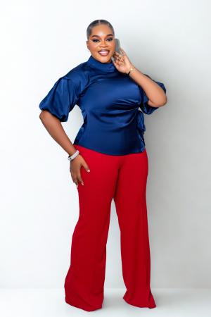 Side Knot Twisted Satin Top With Mock Neck And Puff Sleeves