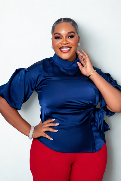 Side Knot Twisted Satin Top With Mock Neck And Puff Sleeves