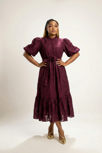 Floral Textured Dress With Puff Sleeves