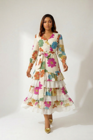 V Neck Dress With Layered Ruffles