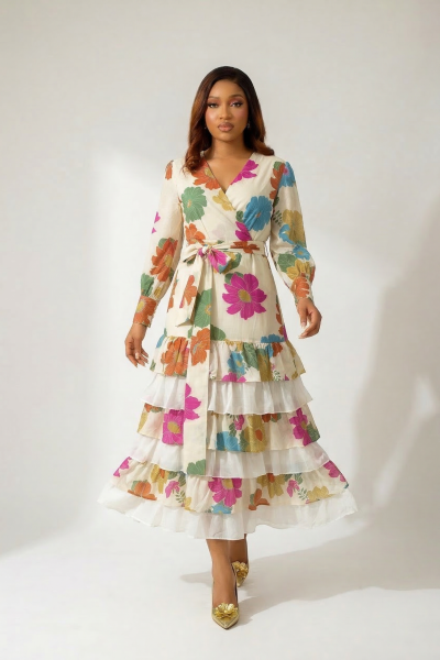 V Neck Dress With Layered Ruffles