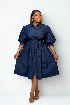 Denim Dress With Puff Sleeves