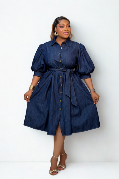 Denim Dress With Puff Sleeves