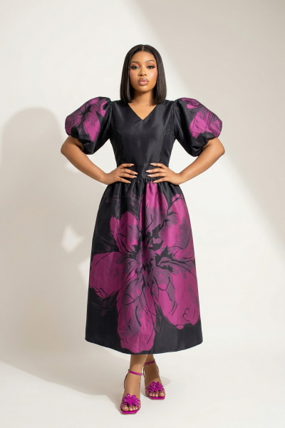 Midi Dress With Puff Sleeves