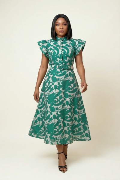 Embossed Tulle Belted Dress