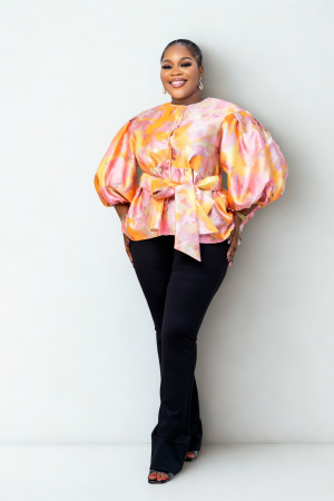 Peplum Top With Puff Sleeves And Belt