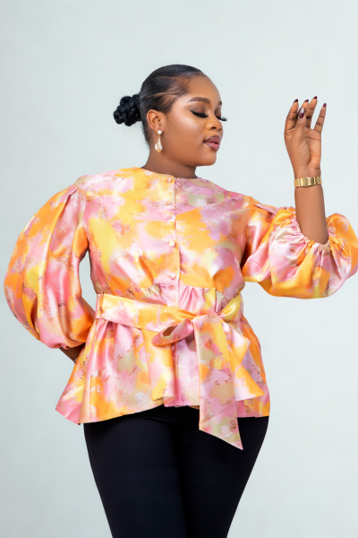 Peplum Top With Puff Sleeves And Belt