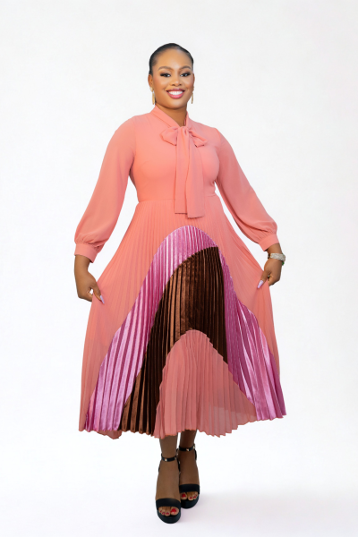 Pleated Dress With Multi Design At The Bottom