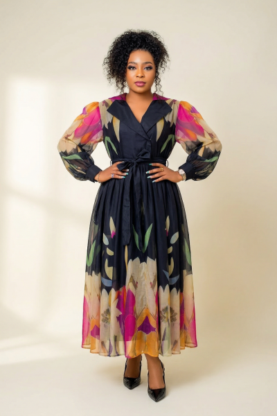 Midi Dress With Overlapping Collars