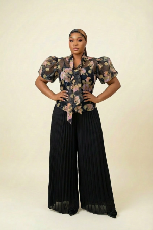 Floral Neck Tie Top With Puff Sleeves