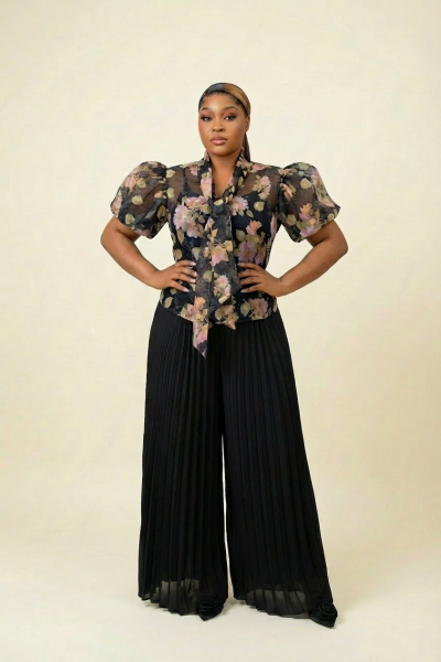 Floral Neck Tie Top With Puff Sleeves