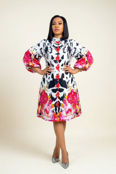 Short A Line Dress With Puff  Sleeves