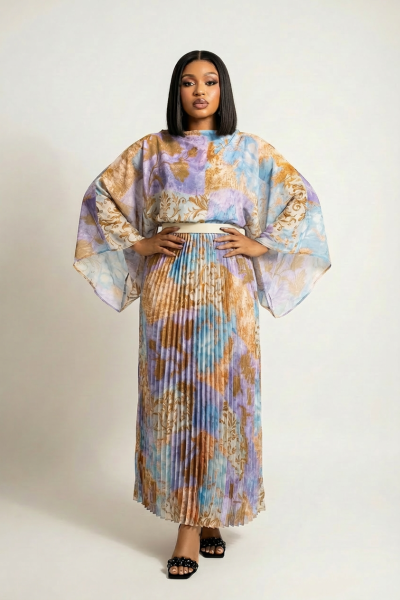 2 Piece Top With Flare Sleeves And Pleated Skirt