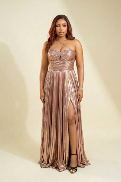 Long Pleated Evening Dress With Halter Neck