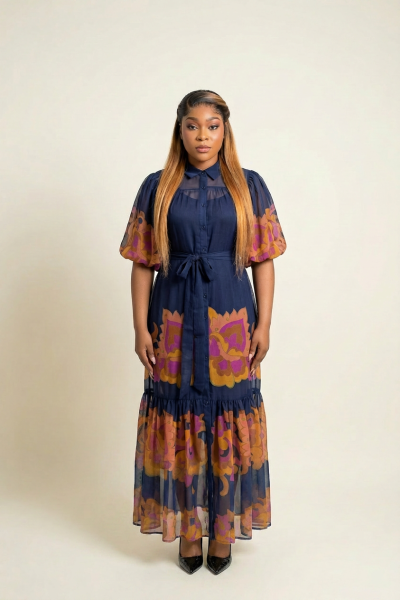 Organza Puff Sleeves Maxi Dress