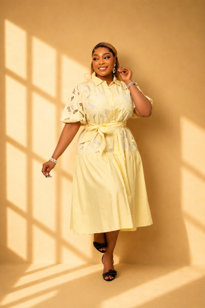 Chord Dress With Puff Sleeves