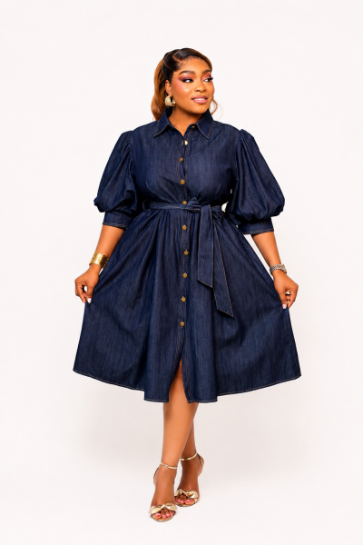 Denim Dress With Puff Sleeves