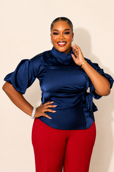Side Knot Twisted Satin Top With Mock Neck And Puff Sleeves