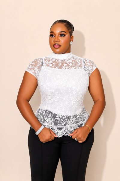 Front Floral Lace Top With Mock Neck And Cap Sleeves