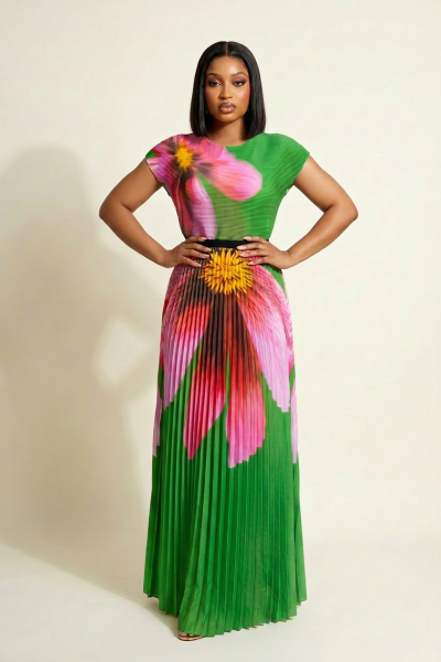 2pcs Crinkled Top With Pleated Skirt